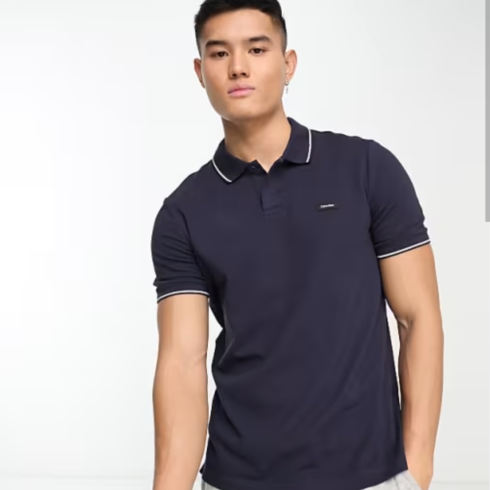 BRAND NEW WITH TAGS NWT CALVIN KLEIN MENS NAVY POLO WITH WHITE DETAILS SIZE L